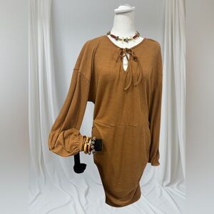 Brown Long-Sleeve Dress with Tie Neck with a set of necklace and bracelet EUC
